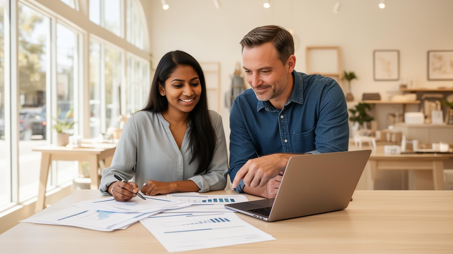 Two Bay Area small business owners reviewing financials together in a bright Pleasanton workspace