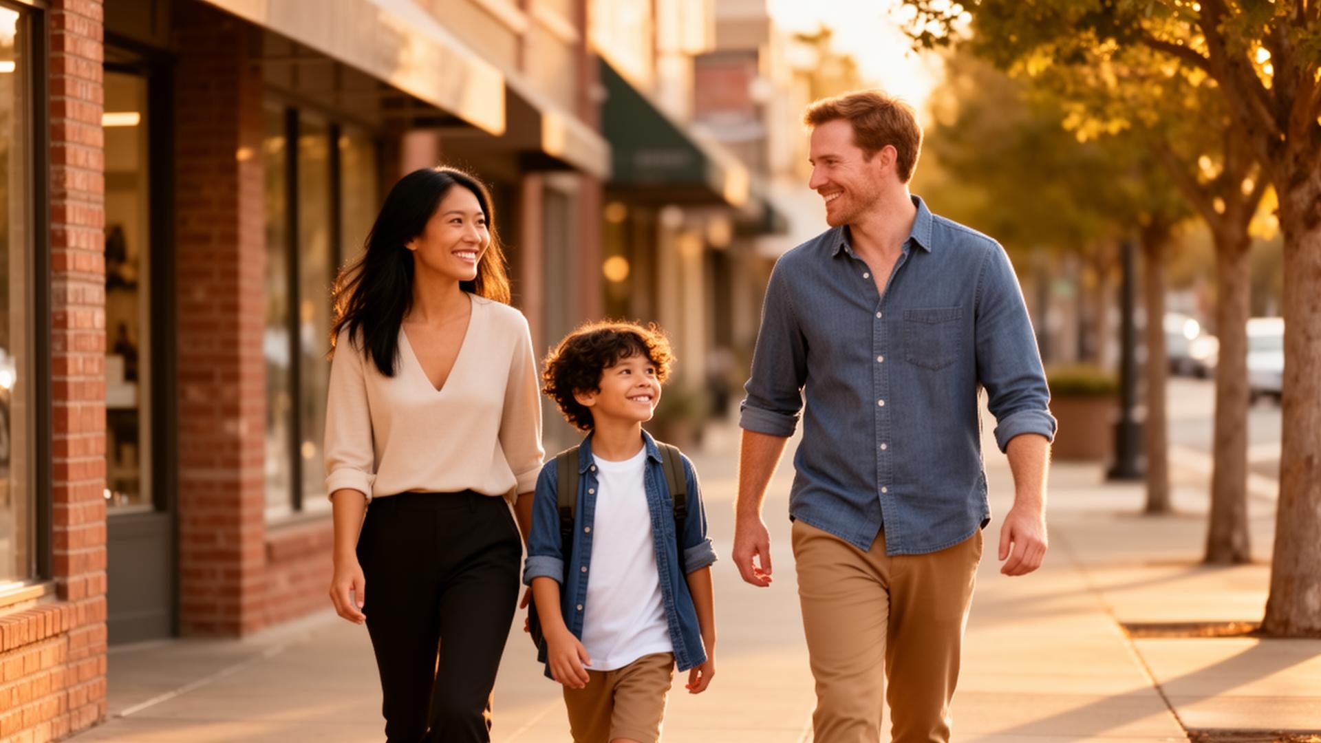 A diverse modern Bay Area family walking through downtown Pleasanton at golden hour